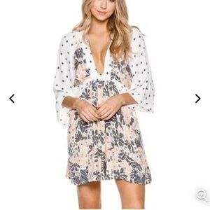 Free People Tallulah White Print Mini Dress Boho Kimono Deep V Womens Sz MD
